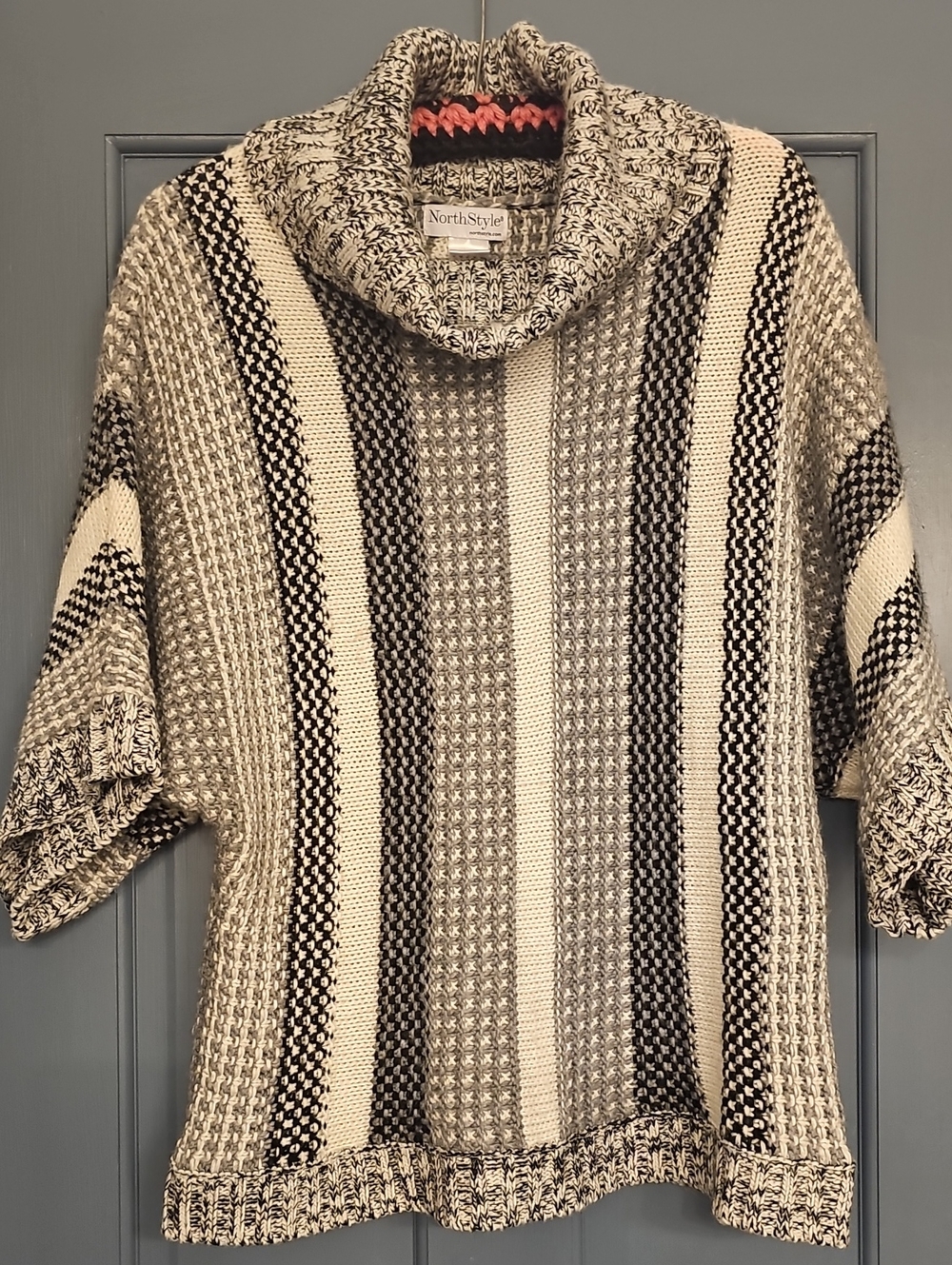 NorthStyle Women Striped Turtleneck Sweater 3/4 Sleeve Vintage Black White